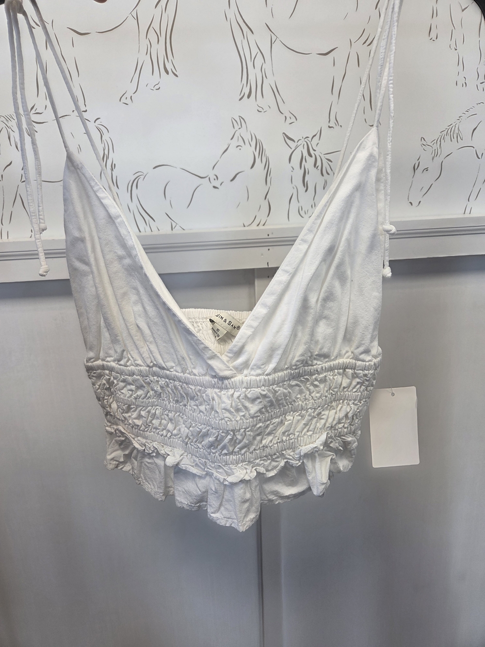 White Smocked V-Neck Crop Top - Women
